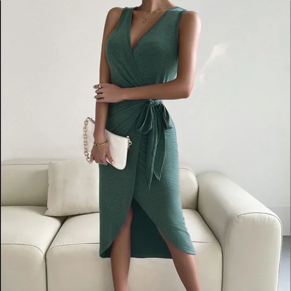 Comfy Solid Casual Wrap Tank Midi Dress - Picture 6 of 7